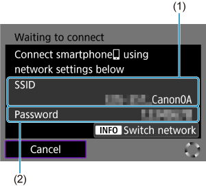 EOS R50: Waiting to connect, with SSID and password. INFO switches network.