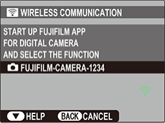 WIRELESS COMMUNICATION on an older body, showing the camera's network name.