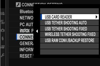 X-T3: the same list with USB CARD READER highlighted.