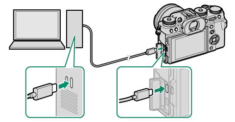 X-T5: the USB-C connector (Fujifilm line drawing; there is no menu screenshot for this setting).